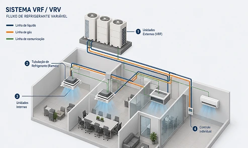 Diagrama de um sistema VRF e suas unidades internas